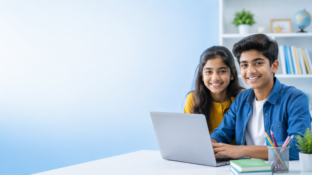 "Student learning digital skills, English communication, Tamil culture, and freelancing through SkillBridge World online education platform."